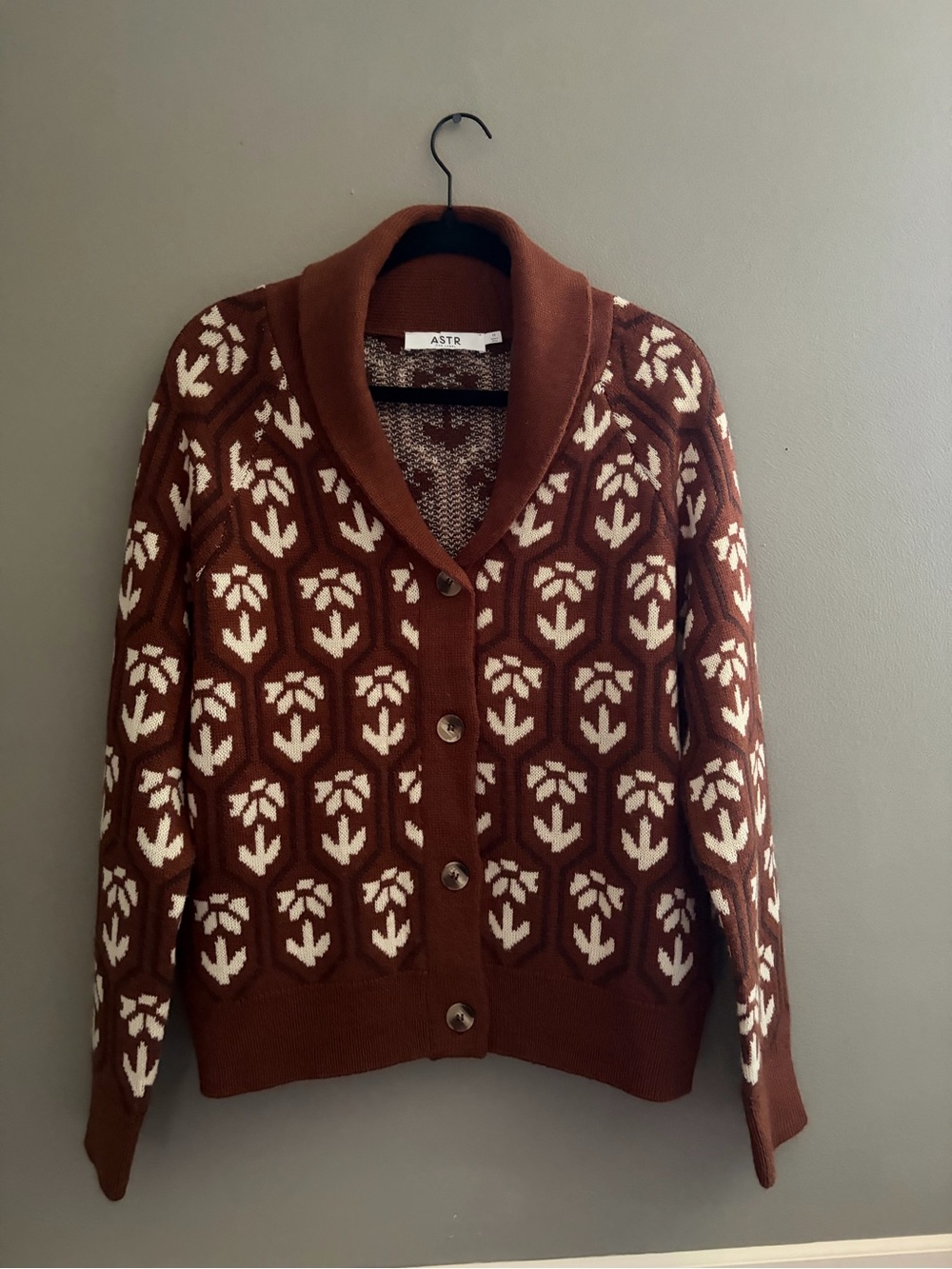 ASTR the Label Marcenia Cardigan Brown Floral Jacquard Cardigan Sweater Wool